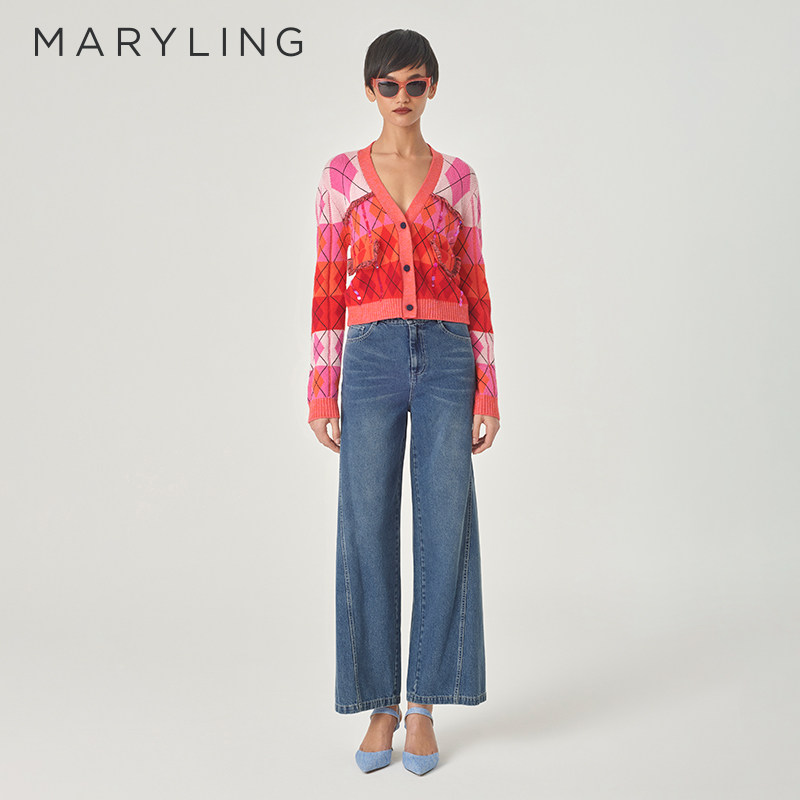 MARYLING宽松牛仔蓝色洗水牛仔裤图片
