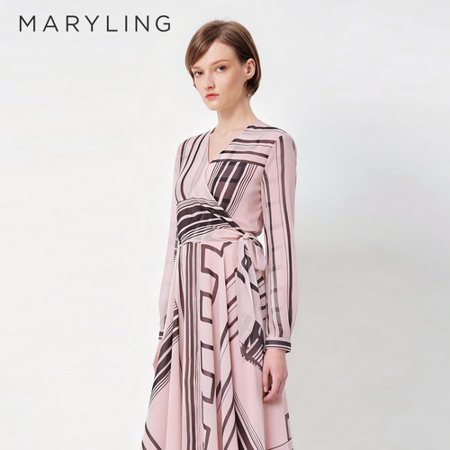 MARYLING玛俪琳春夏季薄雾粉V领休闲收腰长袖优雅连衣裙A1AF65100