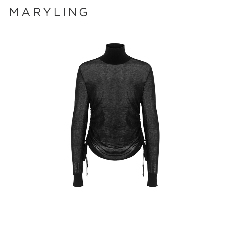 MARYLING玛俪琳2025秋冬新品黑色透感抽褶系带针织衫A1FHW03560
