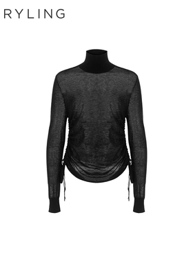 MARYLING玛俪琳2025秋冬新品黑色透感抽褶系带针织衫A1FHW03560