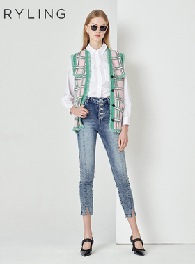 MARYLING玛俪琳春秋新品丹宁蓝纽扣紧身牛仔九分裤A1DBW56020