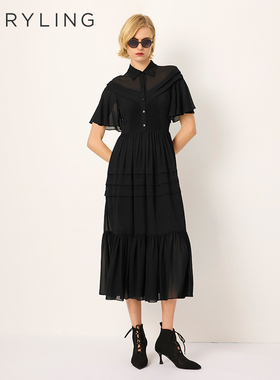 MARYLING玛俪琳2025初夏新品黑色翻领桑蚕丝短袖连衣裙A1FCW62720