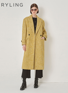 MARYLING玛俪琳冬季新品人字纹西装领双排扣长款大衣A1DHW93170