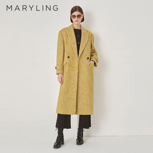 领双排扣长款 人字纹西装 大衣A1DHW93170 新品 MARYLING玛俪琳冬季