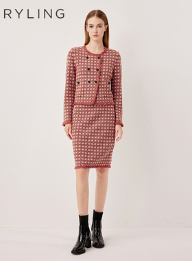 MARYLING玛俪琳2025秋季新品粉调摩卡格纹复古针织开衫A1FGW09200