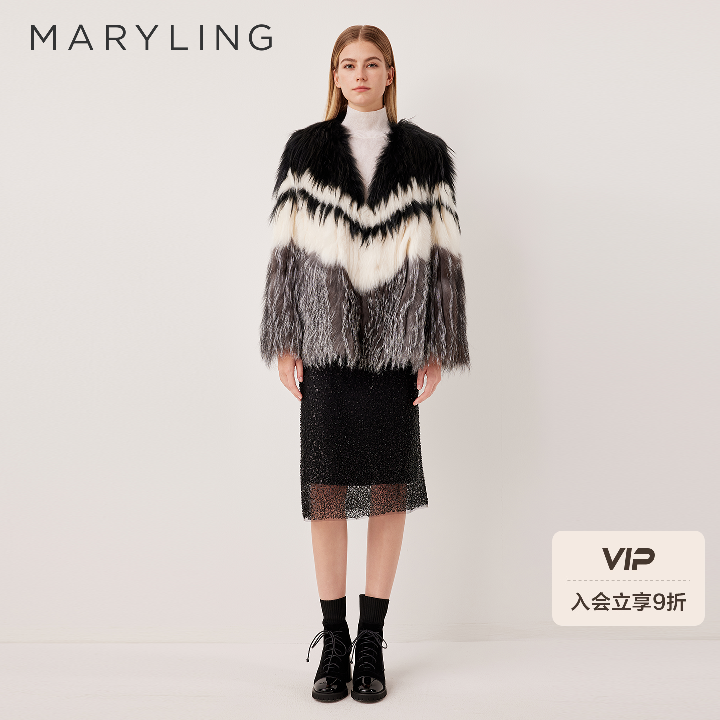 MARYLING玛俪琳2025冬季新品浪漫奢华黑白撞色皮草外套A