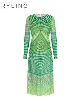 MARYLING玛丽琳2025春季新品绿色格纹网印花连衣裙A1FBW61560