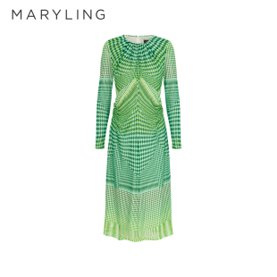 MARYLING玛丽琳2025春季 绿色格纹网印花连衣裙A1FBW61560 新品
