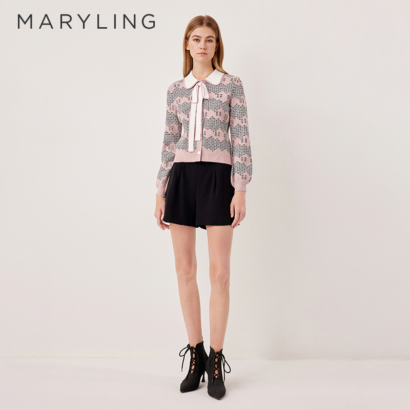 MARYLING粉色泡泡袖系带针织开衫