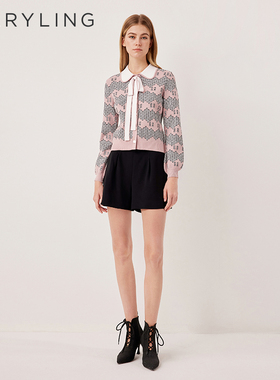 MARYLING玛俪琳2025秋季新品粉色泡泡袖系带针织开衫A1FFW08050