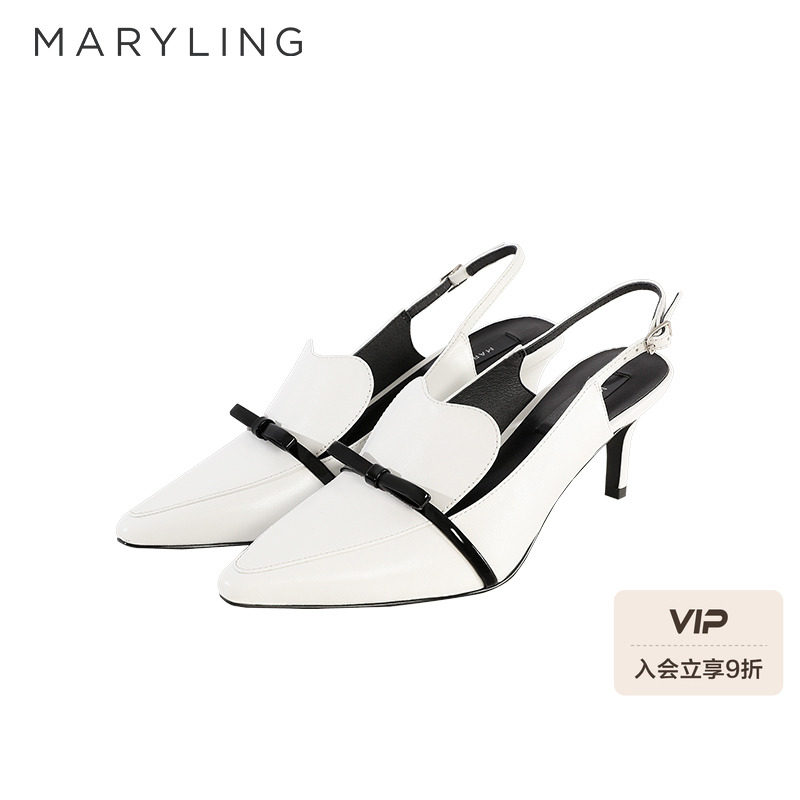MARYLING玛俪琳春夏季法式黑白拼接中跟尖头皮凉鞋A8CAW