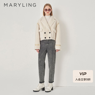 MARYLING玛俪琳冬季 米白色翻领皮毛一体外套A1DHW9R040 新品