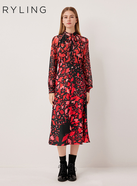 MARYLING玛俪琳2025冬季新品浪漫立领飘带印花连衣裙A1FIW61390