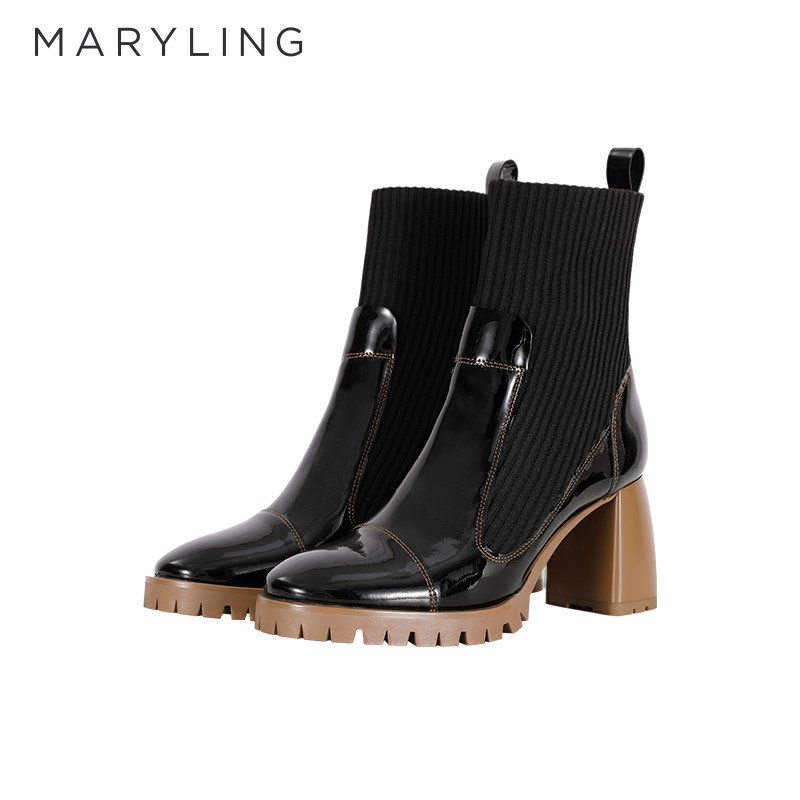 MARYLING玛俪琳24秋季新品黑色漆皮拼接针织高跟中筒靴A8EFWSB003