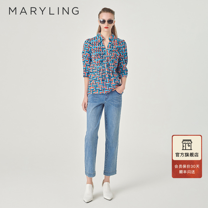 MARYLING蓝红色印花宽松上衣