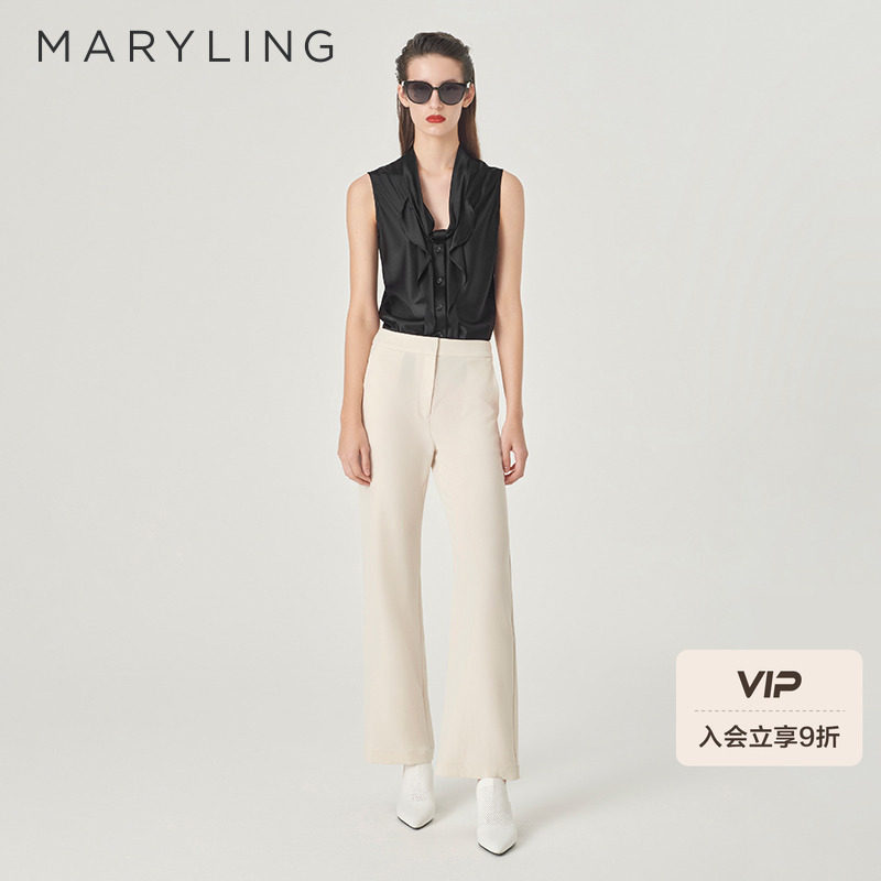 MARYLING玛俪琳夏季新品黑色荷叶边V领真丝背心A1EDW2