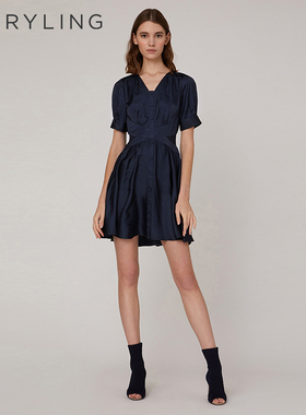 MARYLING玛俪琳夏季V领碎褶泡泡袖深蓝连衣裙A1CCW62450