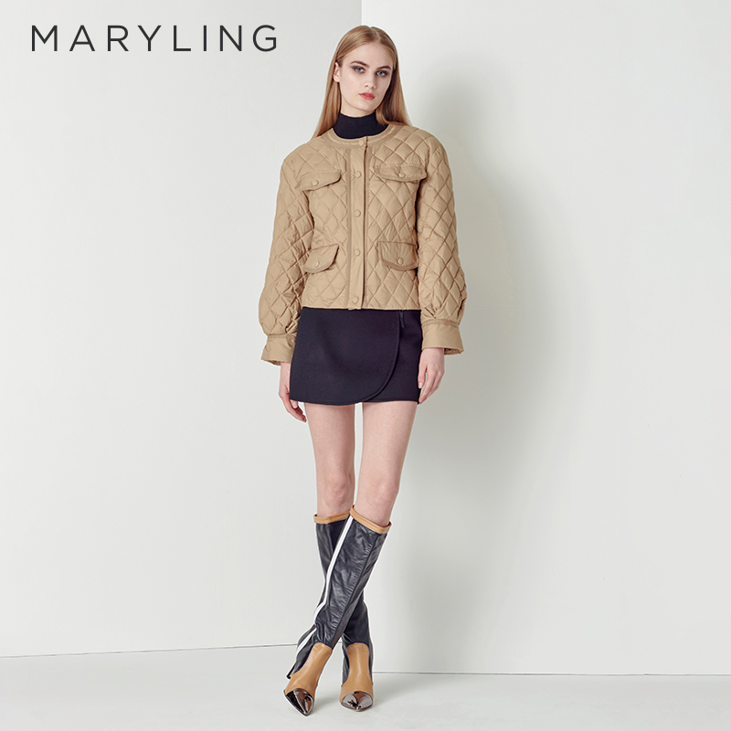 MARYLING驼色圆领菱形格羽绒服