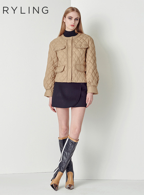 MARYLING玛俪琳冬季驼色圆领菱形格短款羽绒服A1CGW96051