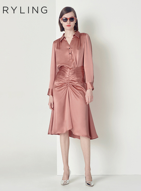 MARYLING玛俪琳春秋雾粉V型衬衫领上衣亮面衬衫A1CFW20140