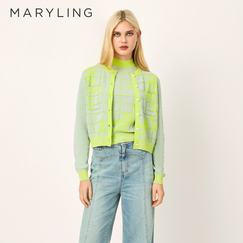 MARYLING玛俪琳春季新品格纹植物印花圆领针织开衫A1FBW08140