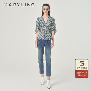 新品 MARYLING玛俪琳夏季 黑灰条纹V领木耳边气质女上衣A1EBW20300