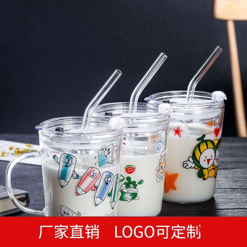 高硼硅卡通吸管水杯带盖透明杯大容量玻璃杯创意礼品饮料玻璃水杯