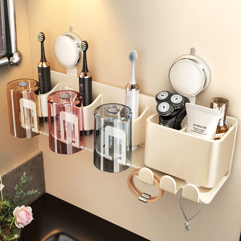 吸盘电动牙刷置物架浴室免打孔卫生间壁挂漱口杯牙膏家庭收纳架子