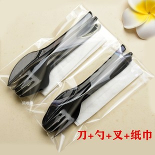 一次性西餐套装刀叉纸巾四件套牛排刀叉勺蛋糕叉甜品勺披萨刀叉