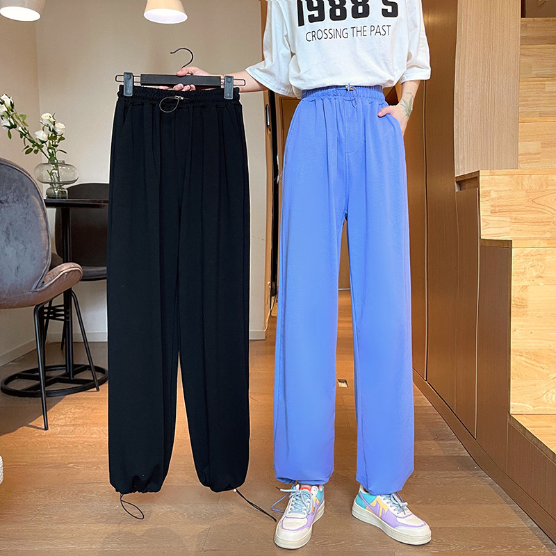 Real shot casual pants women's spring and autumn thin new Korean fashion drawstring wide leg pants high waist sports pants