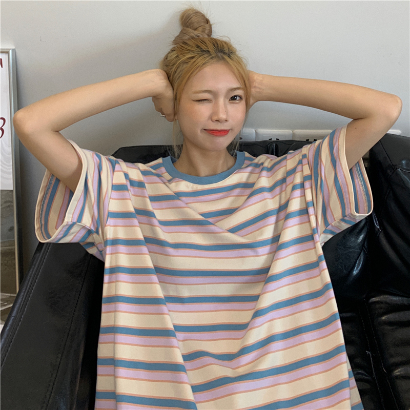實拍學院風短袖女夏季韓版時尚寬鬆學生百搭中長款上衣潮