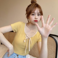 Real shot Harajuku style short sleeve women's 2021 summer Korean fashion show thin students' versatile design