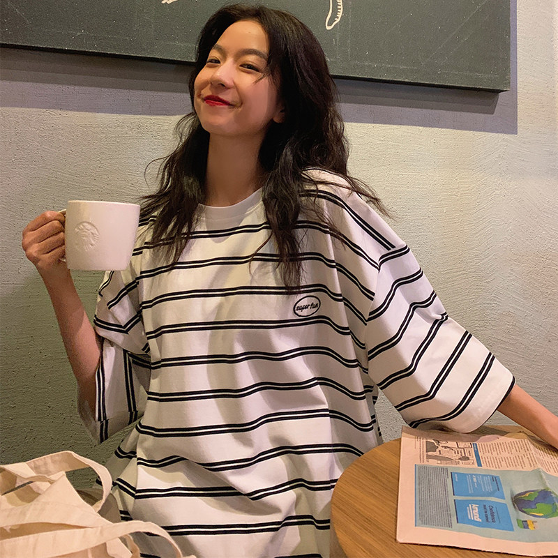 Real shooting academy style spring Korean fashion loose black and white stripe short sleeve t-shirt female student versatile top