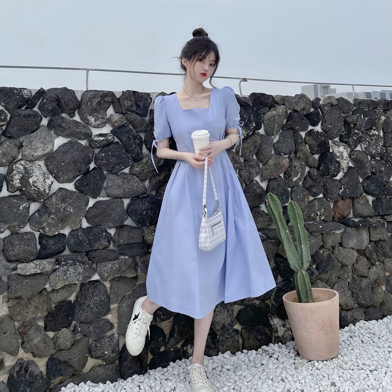 Real photo 2021 summer new style bubble sleeve dress Korean fashion waist sweet first love fairy