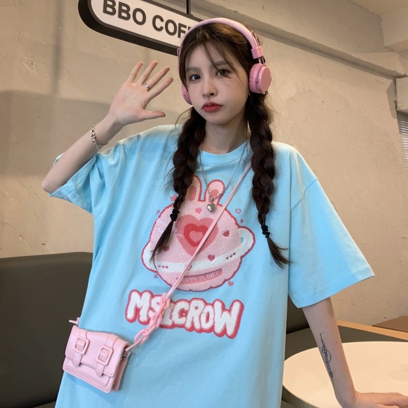 Real shot Harajuku style short sleeve women's summer Korean fashion medium long towel embroidered student versatile top