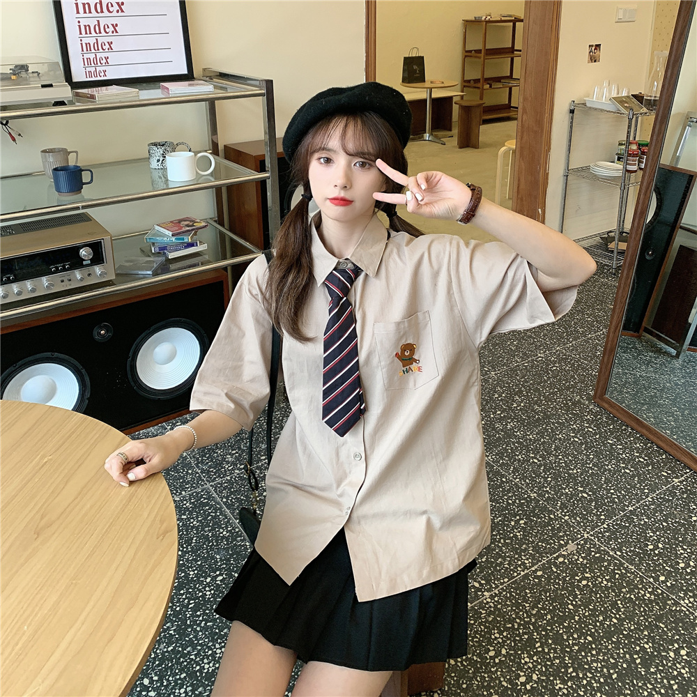 實拍原宿風短袖襯衫女設計感小眾寬鬆夏季少女感領帶日系上衣