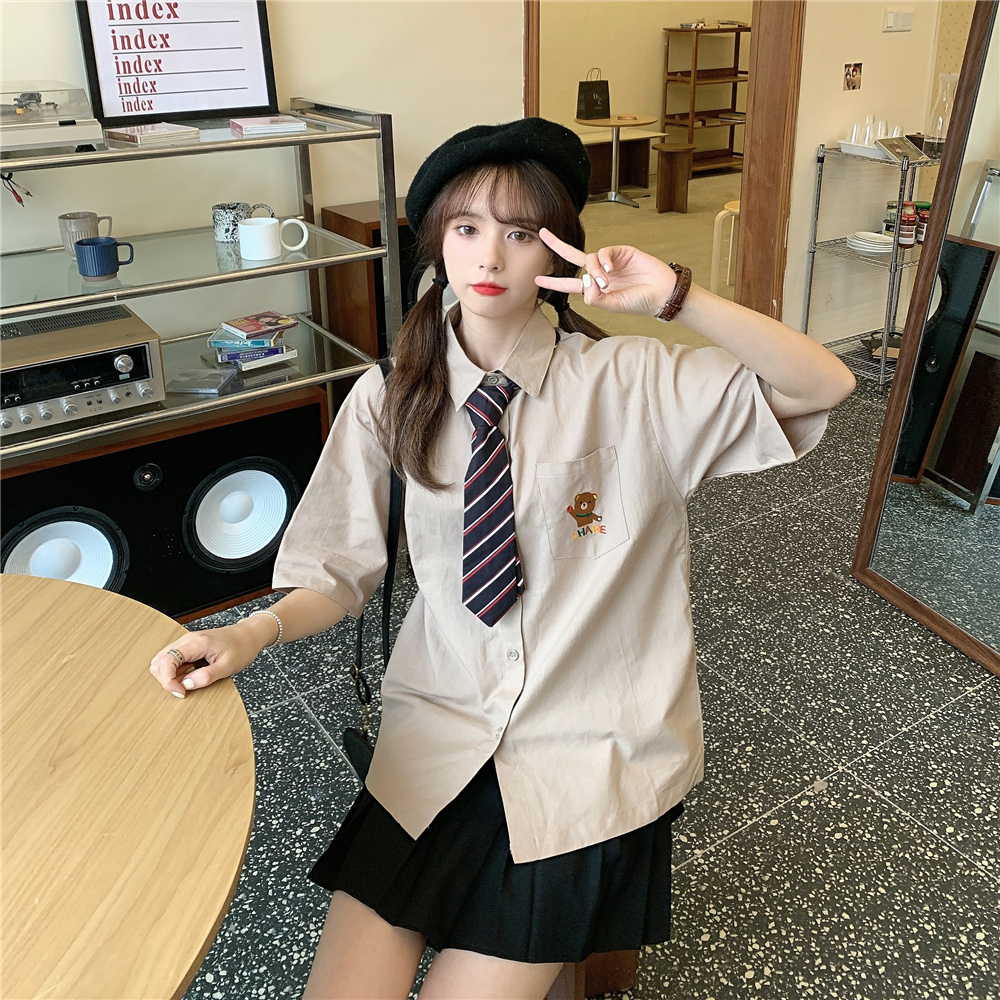 Real shot Harajuku style short sleeve shirt women's design sense minority loose summer girlie tie Japanese top