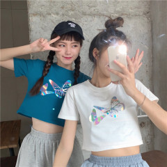 實拍夏韓版時尚鐳射反光蝴蝶印花閨蜜短袖女學生百搭體