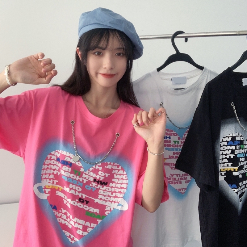 Real shot Harajuku style short sleeve women's summer Korean fashion medium long print student versatile round neck top