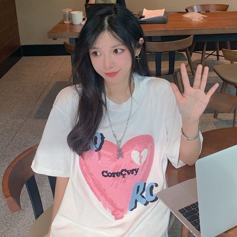 Real shot Harajuku style short sleeve women's summer Korean fashion medium long towel embroidered student versatile top