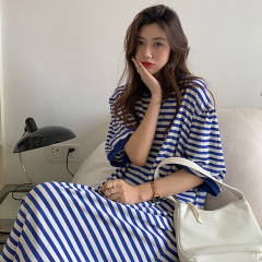 Real shot summer Korean version fashionable striped lazy skirt long style cover belly show thin dress women's large T-shirt skirt