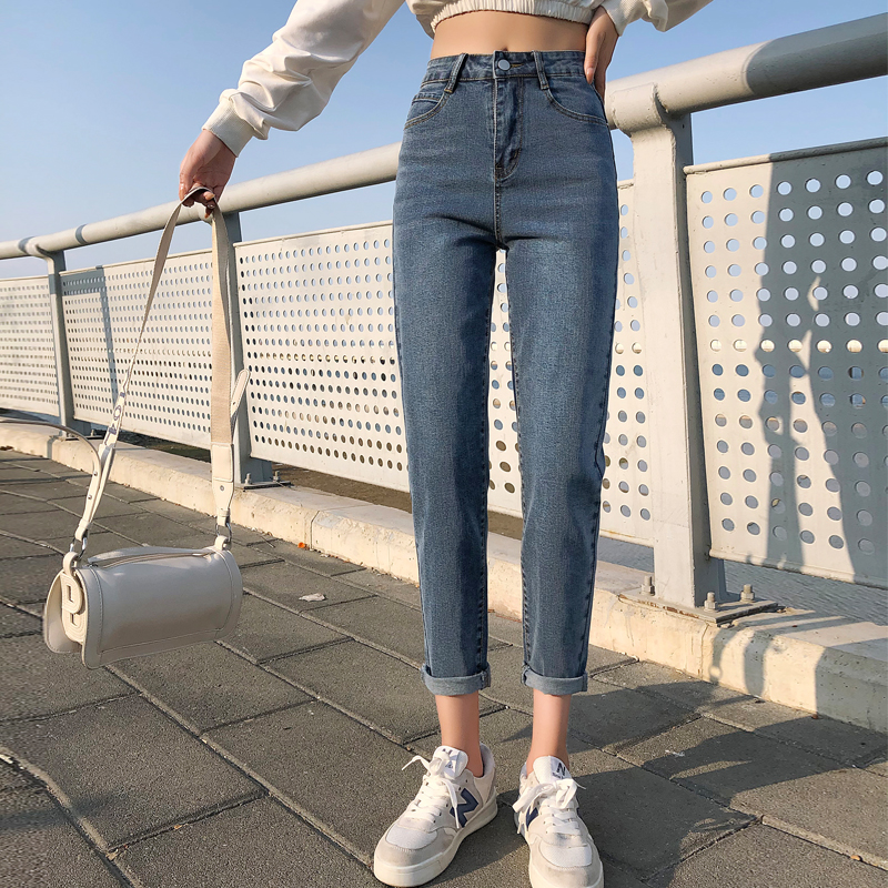 Real high waist jeans women's loose Harlan straight tube spring and autumn versatile elastic thin radish daddy pants fashion