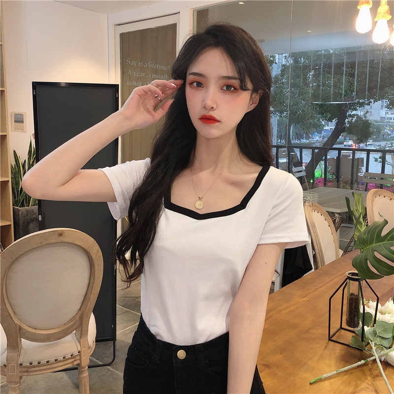 Real shooting summer Korean fashion versatile net red clavicle black square collar short sleeve T-shirt slim trend