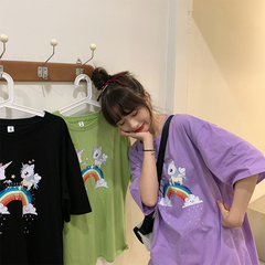 Real shot spring Korean fashion loose short sleeve t-shirt female students versatile mid long top trend printing