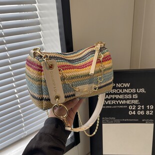 手提包小众复古拉菲草多巴胺彩色条纹编织腋下包单肩斜挎包沙滩包