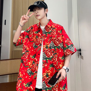 中国风潮流宽松加肥加大码复古花衬衣东北大花布衣服衬衫短袖男士