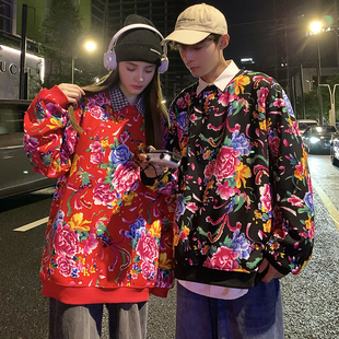 新中式中国风东北大花卫衣男款春秋冬季圆领加绒加厚潮牌连帽红色