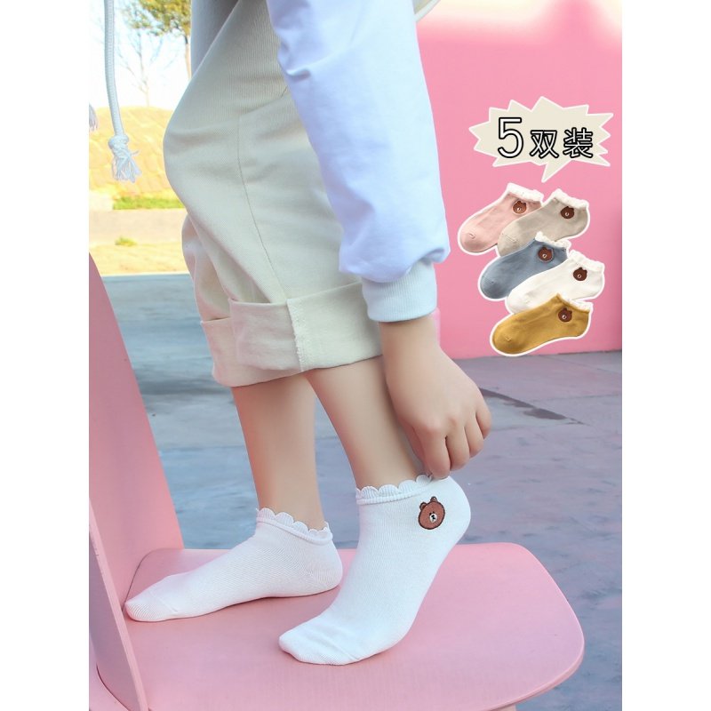 袜子女士短袜春夏款小熊卡通棉袜学院风日系浅口船袜潮薄款休闲袜