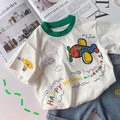 2026夏季 纯棉t恤 中小儿童女宝宝卡通小飞机刺绣半袖 新款 男童短袖