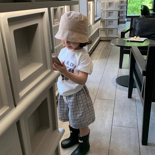 儿童夏季两件套男女童纯棉短袖t恤设计感拼接格子阔腿短裤套装薄